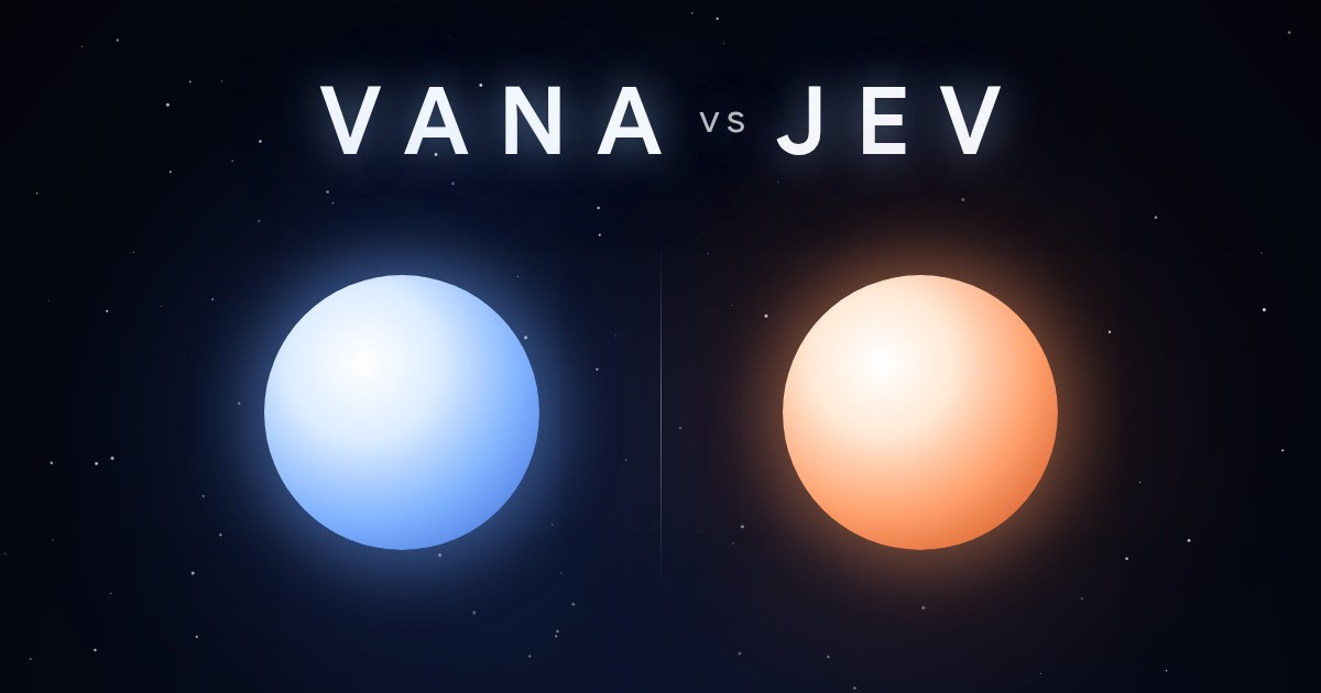 VANA vs JEV lettering above two glowing orbs, one blue and one orange, side by side in a starry night sky